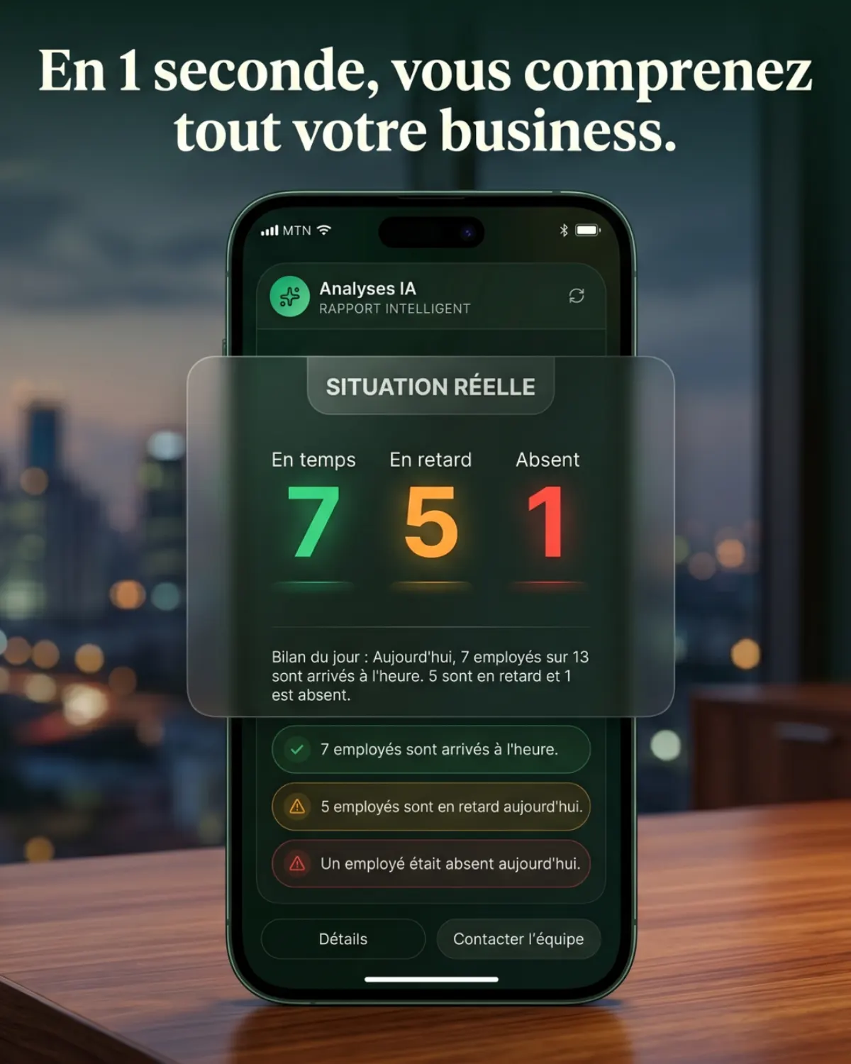 Tableau de bord VraiTrace : 7 employés à l'heure, 5 en retard, 1 absent — vu en une seconde.